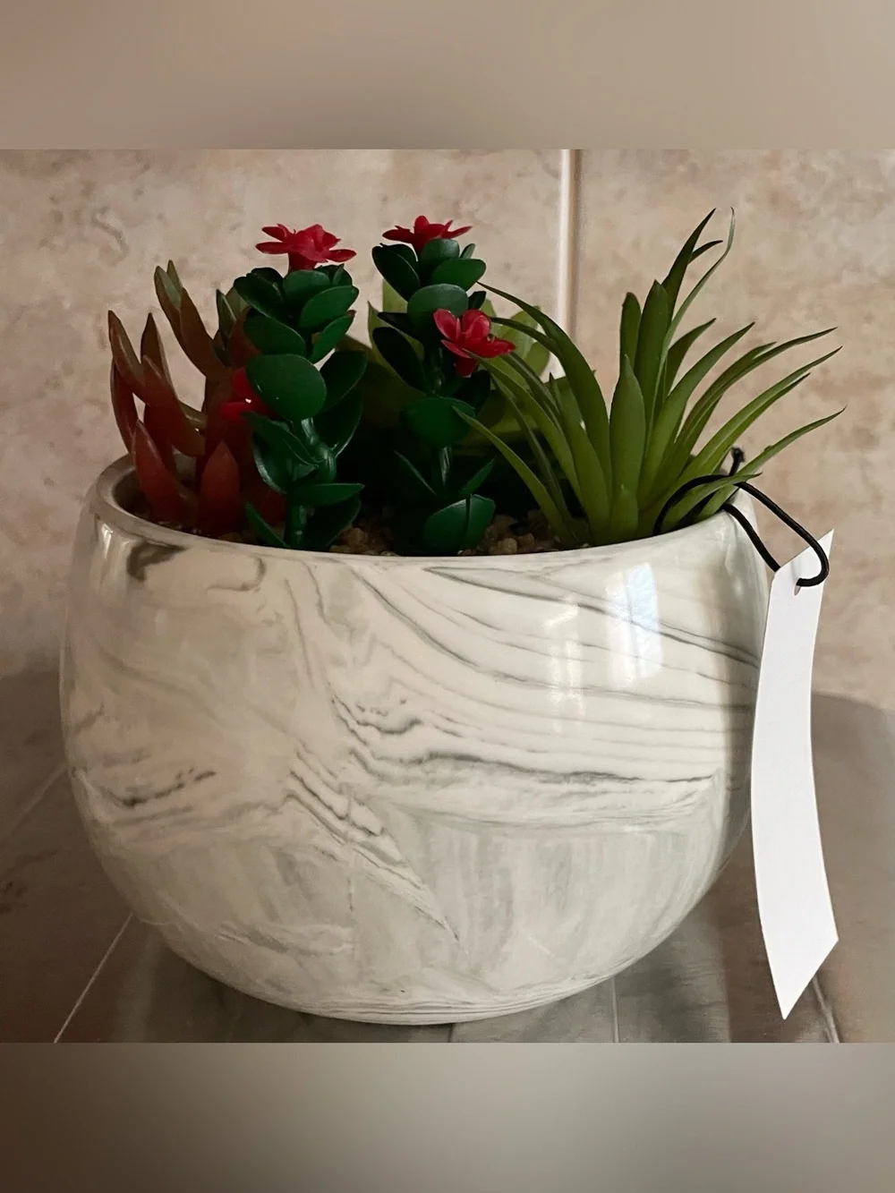 Marbled White Ceramic Planter with Red & Green Faux Succulents
